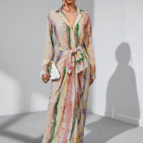 Multicolor Casual Womens Allover Print Shirt & Tie Front Skirt - Picture 3 of 5